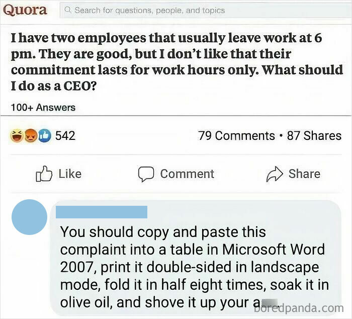 Quora post with a sharp retort about employee commitment.