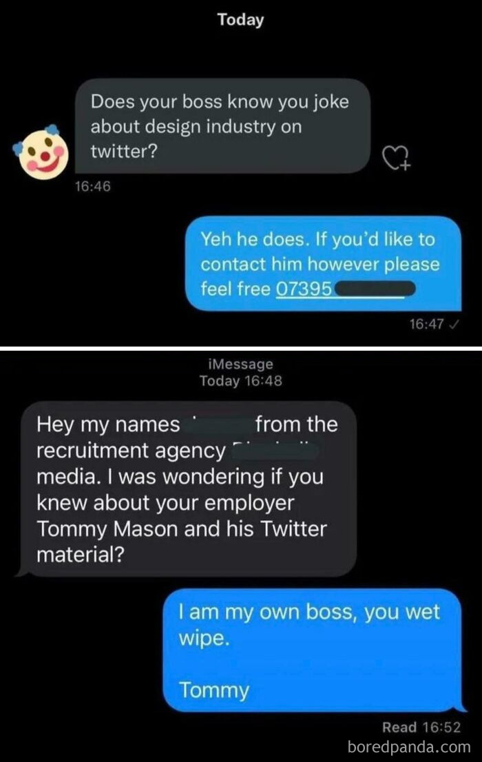 Text exchange showcasing witty wordplay in a professional context.