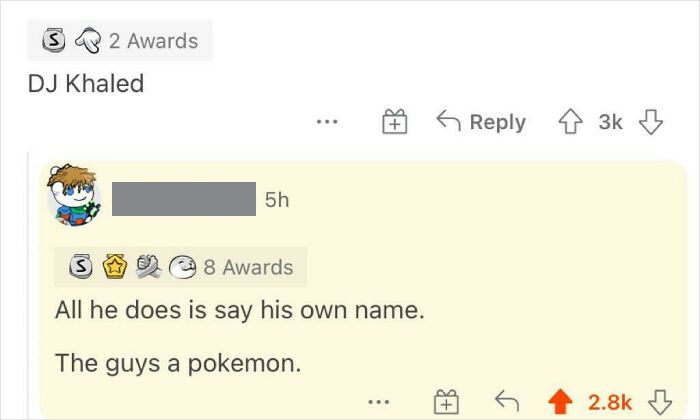 Reddit conversation using words humorously, comparing DJ Khaled to a Pokémon, highlighting witty use of words.