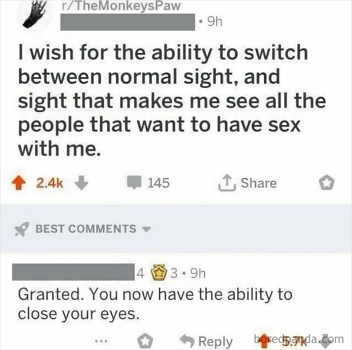 Reddit post about sight request with a comment using words humorously. 