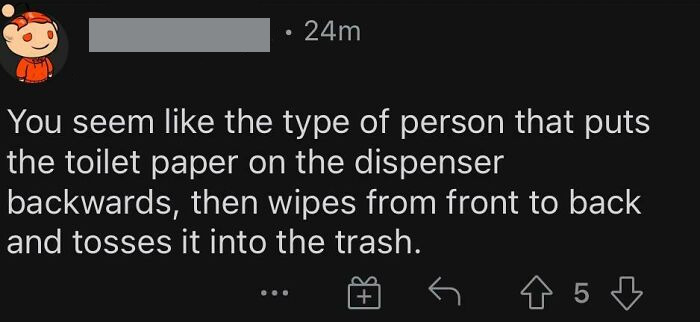 A witty comment on a post using words as weapons, critiquing toilet paper habits humorously.