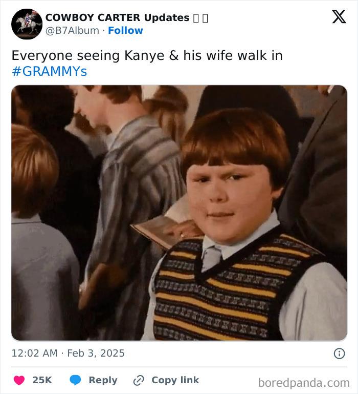 Boy giving a suspicious look, meme reaction to the 2025 Grammys moment, in a crowded room.