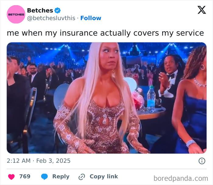 Woman in sparkling dress at 2025 Grammys, reacting humorously, surrounded by applauding audience.