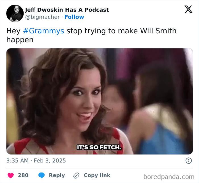 Meme poking fun at the 2025 Grammys with a "Mean Girls" reference, saying "It's so fetch."
