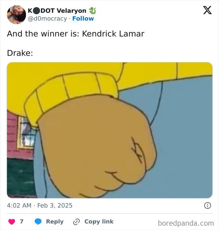 Kendrick Lamar wins at 2025 Grammys; meme shows fist reaction, capturing humorous online responses.