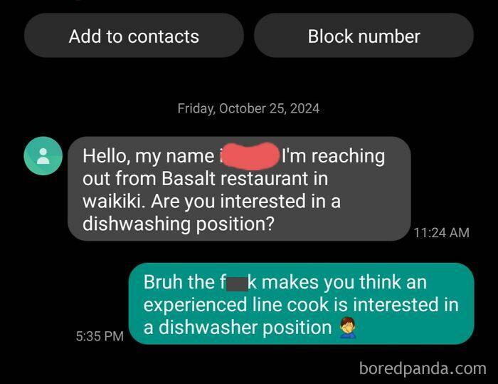 Recruiting Hell: Text exchange shows a line cook rejecting a dishwashing job offer with frustration.