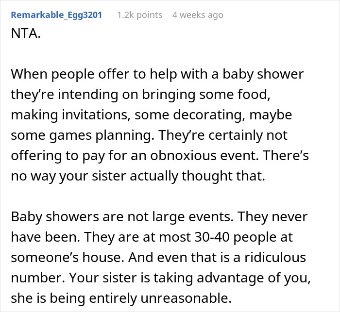 Text comment criticizing an entitled sister's unreasonable baby shower expectations. Text comment criticizing an entitled sister's unreasonable baby shower expectations.