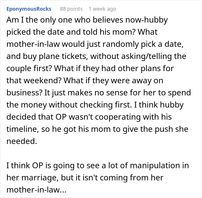 Comment discussing a mother-in-law choosing a wedding date for a couple without asking them. Comment discussing a mother-in-law choosing a wedding date for a couple without asking them.