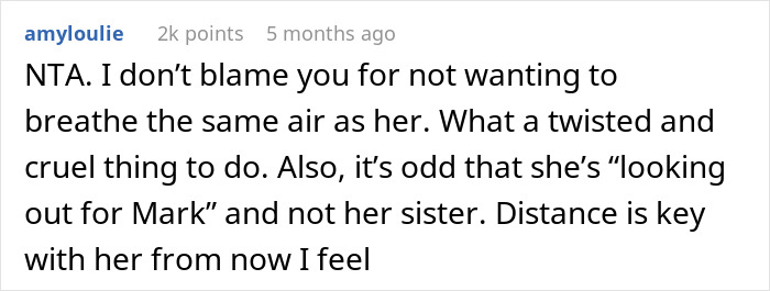 Comment discussing persuading fianc&eacute; to reconsider engagement due to sister's actions.