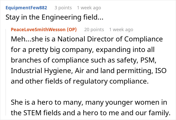 Reddit conversation discussing a woman with an engineering degree, highlighting her role as a National Director of Compliance.