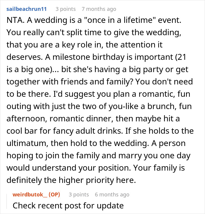 Text exchange about a woman giving her boyfriend an ultimatum related to attending a birthday party versus a wedding.