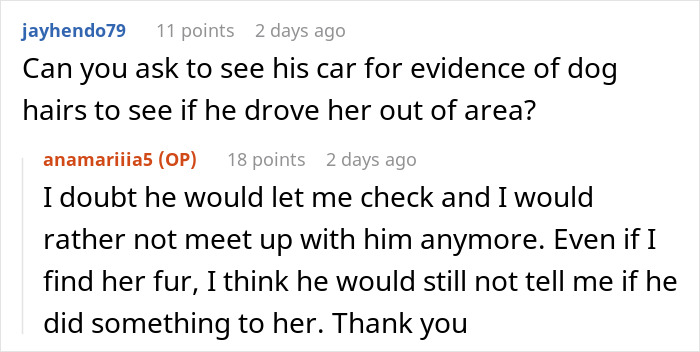 Comments discussing a woman&rsquo;s lost dog and her boyfriend's suspicious actions.