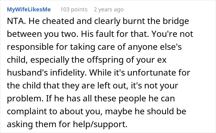 Reddit comment discussing responsibility towards an ex's affair child and addressing a smear campaign. Reddit comment discussing responsibility towards an ex's affair child and addressing a smear campaign.