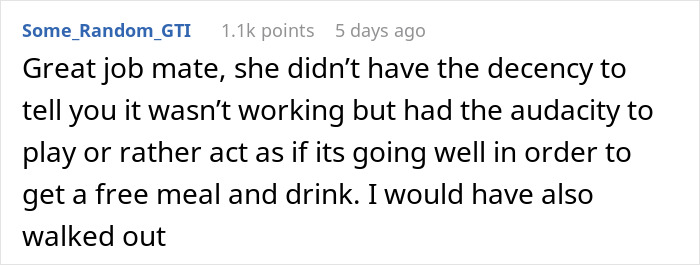 Text comment discussing date dislike, suggests petty revenge for insincere behavior during a dinner.