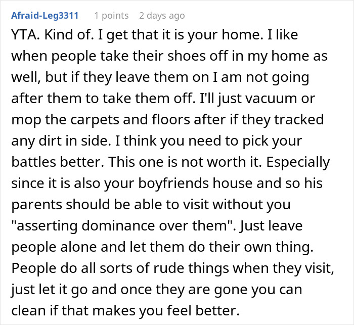 Text exchange discussing a son's girlfriend's house rule about shoes, referred to as "petty" by a commenter.