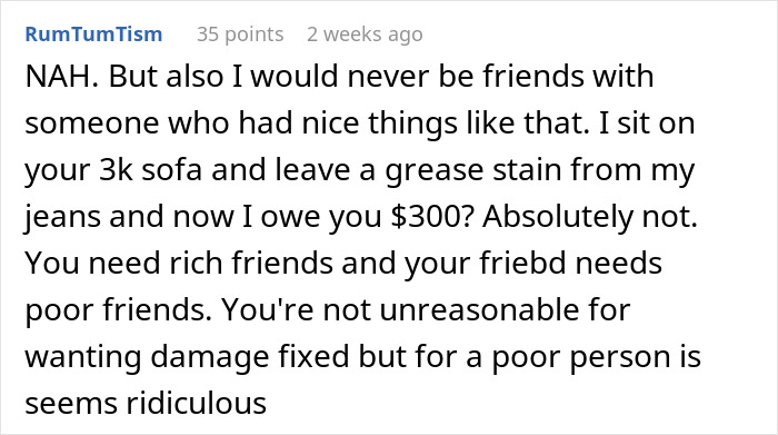 Reddit comment discussing paying a friend for damaging a leather bag, questioning fairness based on wealth differences.