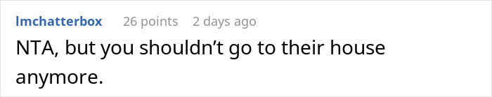 Reddit comment discussing someone not being at fault, advising against visiting a certain house.