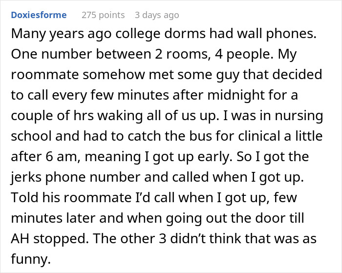 Text describing a college dorm phone prank, referencing an early wake-up call.