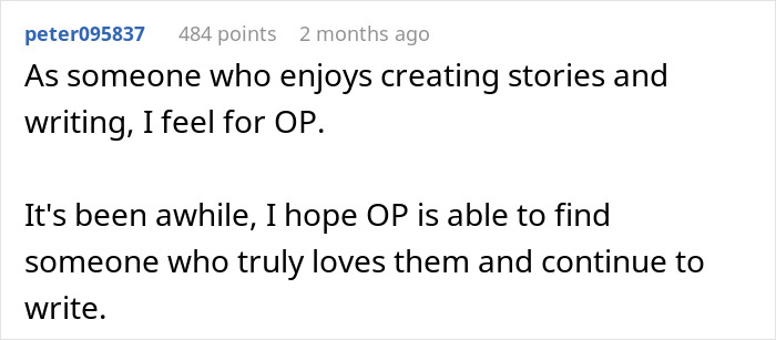 Comment supporting woman frustrated over novel planning loss, seeking support from netizens.