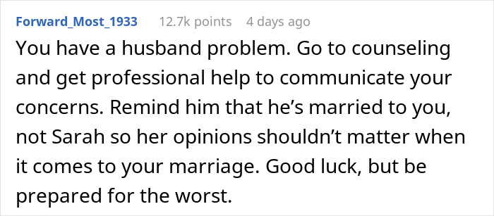 Reddit comment giving advice on dealing with a problematic work relationship affecting marriage.