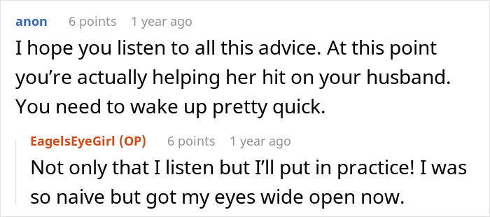 Text exchange discussing coworker crushing on husband, advises wife to open eyes quickly. Text exchange discussing coworker crushing on husband, advises wife to open eyes quickly.