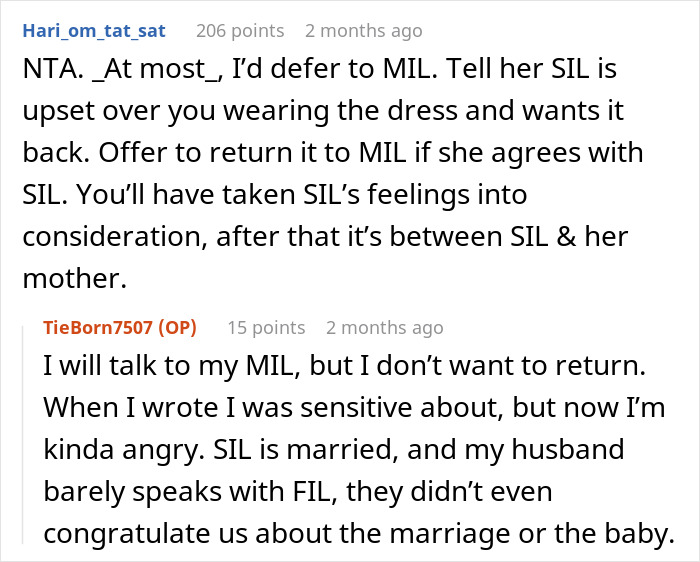 Discussion about MIL's wedding dress; SIL upset over it being worn by a pregnant bride. Discussion about MIL's wedding dress; SIL upset over it being worn by a pregnant bride.