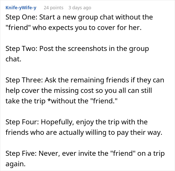 Group chat advice on handling a friend unable to pay for vacation costs.
