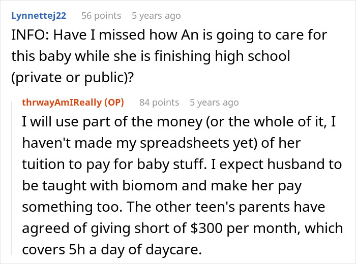 Reddit discussion on finances and responsibilities for a teen mom's baby care and education expenses.
