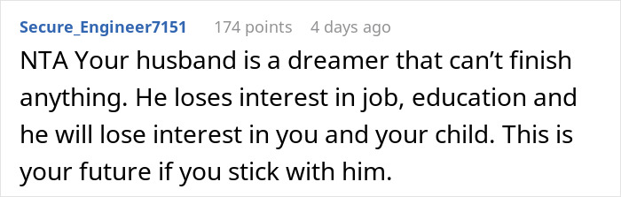 Reddit comment addressing job-hopper's wife's ultimatum, warning about her husband's lack of commitment.