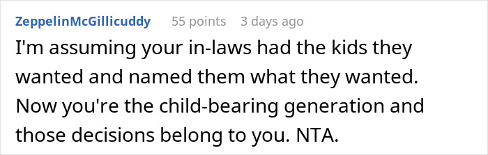 Reddit comment discussing baby's name and family decisions, gaining 55 points.