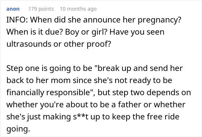 Comment discussing breakup over pregnancy finances and responsibility. Comment discussing breakup over pregnancy finances and responsibility.