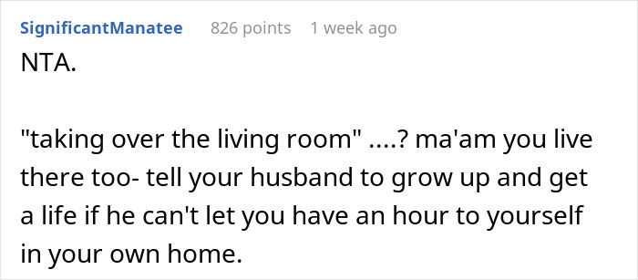 Comment discussing a woman's right to use the living room for "RuPaul&rsquo;s Drag Race" amid husband's complaints.