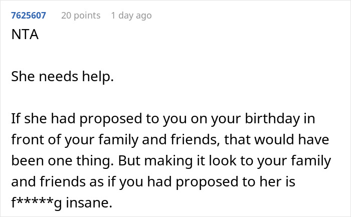 Comment discussing a woman proposing to herself on boyfriend's birthday, calling it insane.