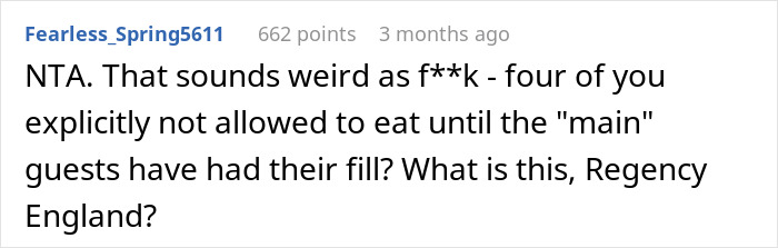 Reddit comment discussing friends eating leftovers after main guests, questioning the fairness of the situation.