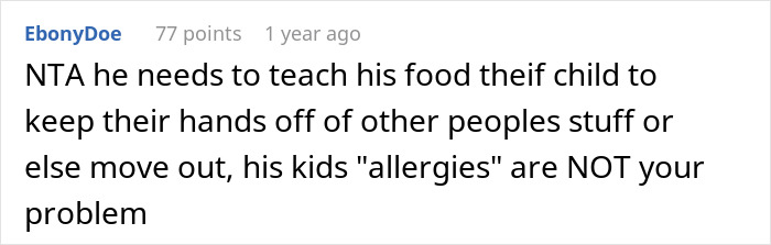 Text from a forum discussing a dad blaming a roommate for a 7-year-old's food allergy incident.
