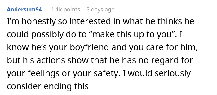 Skeptical comment on boyfriend's actions in Reddit thread discussing airport incident. Skeptical comment on boyfriend's actions in Reddit thread discussing airport incident.