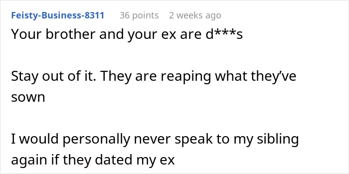 Reddit comment expressing frustration about a sibling dating their ex, causing family tension.