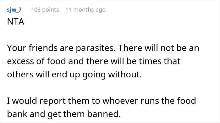 Text response about friends lying to take food from a food bank. Text response about friends lying to take food from a food bank.
