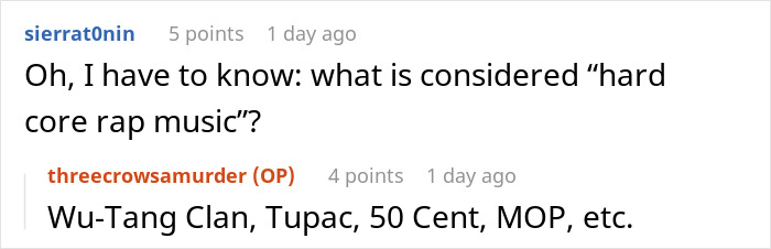 Reddit conversation about hardcore rap music, including Wu-Tang Clan, Tupac, and 50 Cent, with comments and points visible.