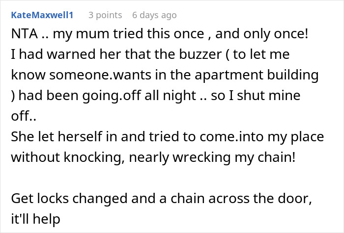 Text conversation about a mom letting herself in, advises changing locks and adding a chain. Text conversation about a mom letting herself in, advises changing locks and adding a chain.
