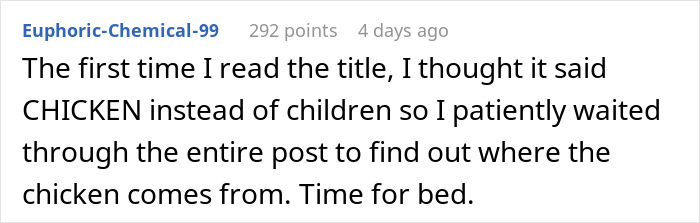 Text from a user humorously confusing "children" with "chicken" while reading. Text from a user humorously confusing "children" with "chicken" while reading.