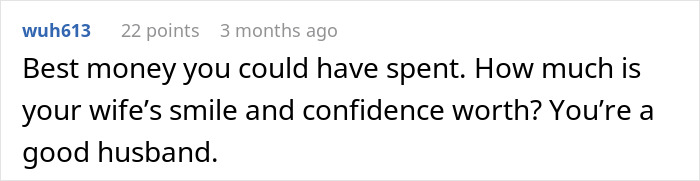 Comment praising husband's life-changing $20k truck gift for wife, highlighting her smile and confidence boost.