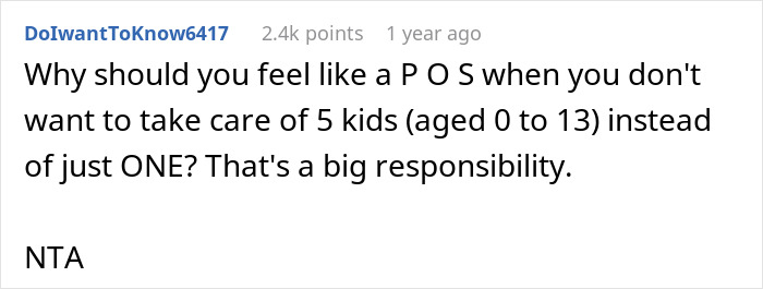 Comment discussing man's choice not to babysit ex's kids, mentions responsibility of taking care of five children.