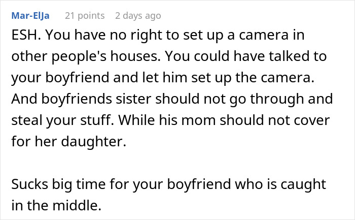 Comment discussing setting up a camera to catch boyfriend&rsquo;s sister stealing, with differing opinions on actions taken.