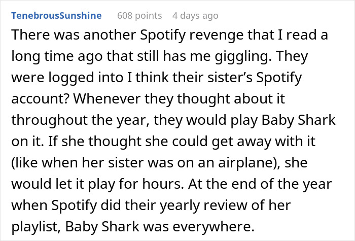 Text details a story about a petty Spotify-themed revenge involving the song "Baby Shark. Text details a story about a petty Spotify-themed revenge involving the song "Baby Shark.