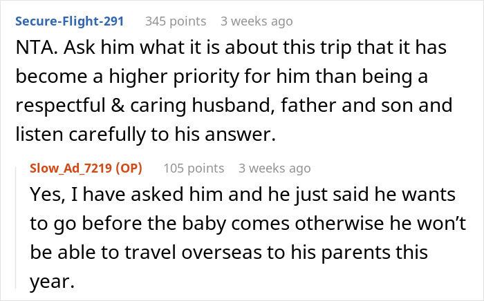 Discussion on husband's upcoming overseas trip while wife is pregnant, focusing on priorities and family responsibilities.