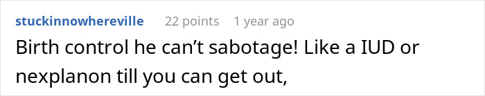 Comment discussing birth control options in response to job-related marriage issues. Comment discussing birth control options in response to job-related marriage issues.