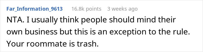 Comment on Reddit post, discussing roommate's reaction to revealed HIV status. Comment on Reddit post, discussing roommate's reaction to revealed HIV status.