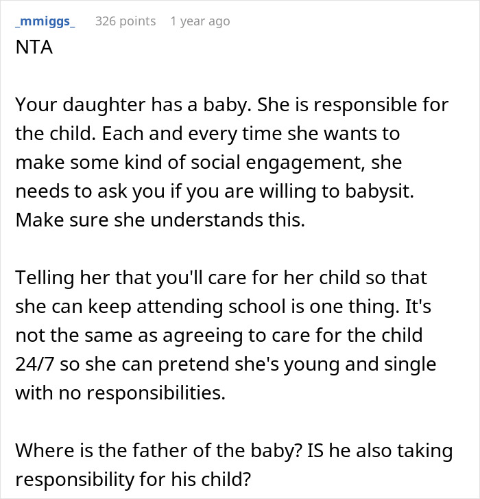 Text discussing responsibilities of a daughter with a baby, emphasizing need for grandma's babysitting consent.