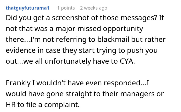 Text exchange about a screenshot for evidence in dealing with patronizing managers in a group chat.